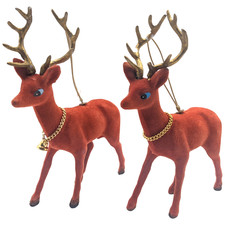 Vtg Reindeer Christmas Ornament Set Red Flocked Felt Plastic Blue Eyes 6"