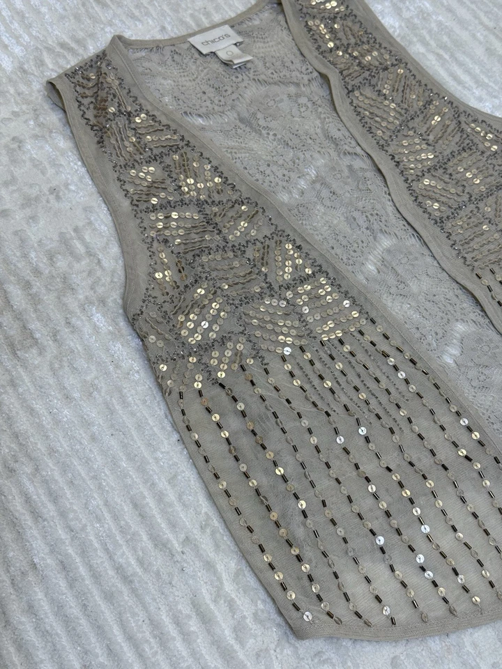 Colete Chicos Feminino Tamanho 0 Lantejoulas Bronzeadas/Douradas Padrão Enfeitado Renda Costas Sexy - Imagem 2 de 4
