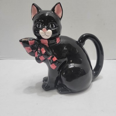 Cat Teapot Black Kitty With Bow Decorative Wang's International Purrfect Meow