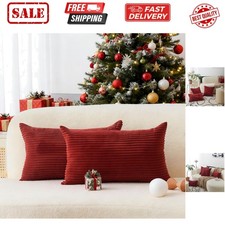 Lumbar Throw Pillow Covers 12x20 inch 2 Pack Solid Striped Corduroy Dark Red ...