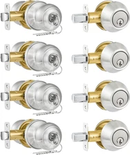 4 Pack Exterior Door Lock Set, Satin Nickel Door Knob and Deadbolt Combo Set, Ke