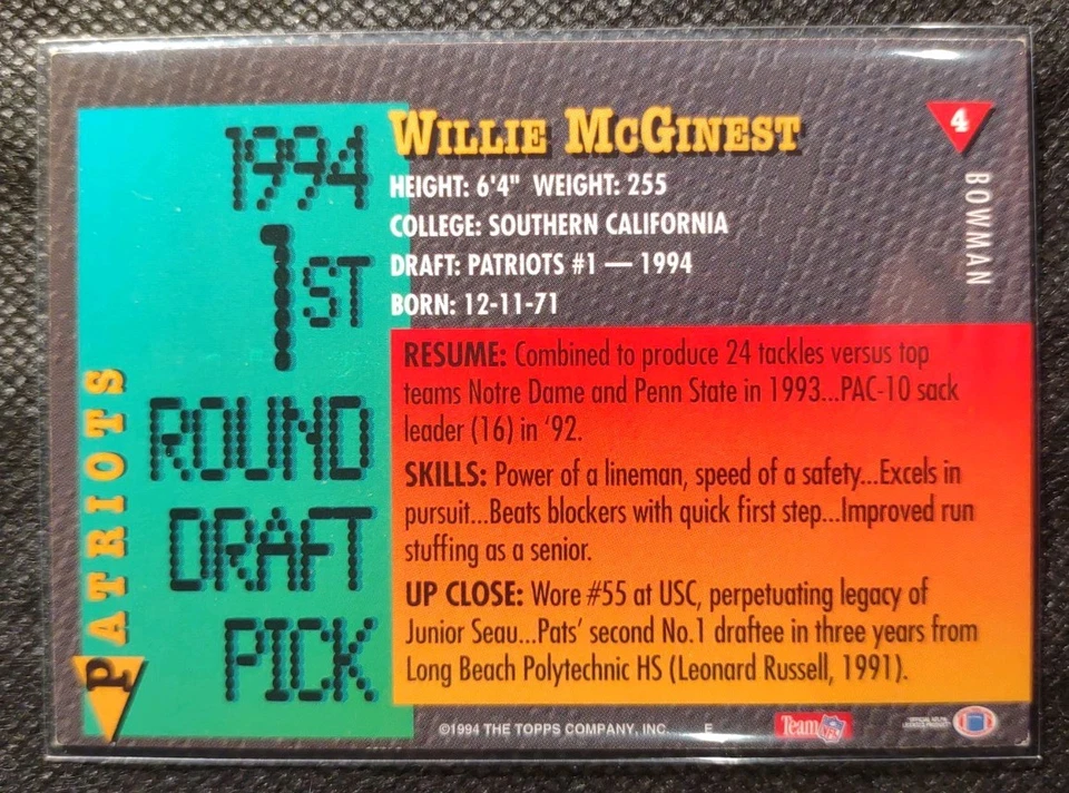 1994 Bowman - Willie McGinest #4 (RC) - Image 2 of 2