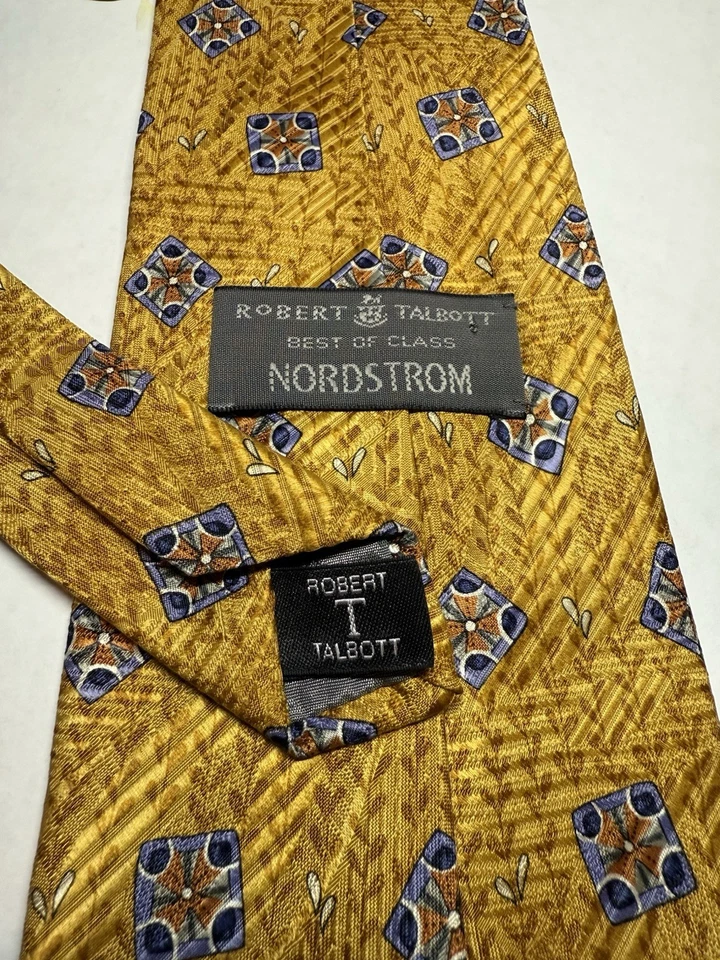 Corbata de seda Robert Talbott Best in Class de colección dorada azul marrón jacquard geométrico EE. UU. Foto 2 de 4