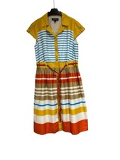 Chetta B A Line Summer  Dress Size 12 Cap Sleeve Button Up Collar Striped Lined