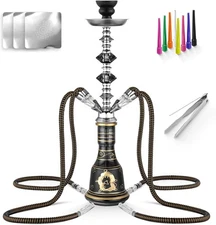 4 Hose Hookah Set 21'' Shisha Hookah Set With Medium Glass Vase, Ceramic Bowl