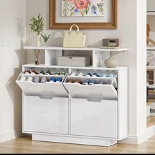 High Gloss Shoe Storage Cabinet 4 Flip Drawers Holds 16-24 Pairs Hallway