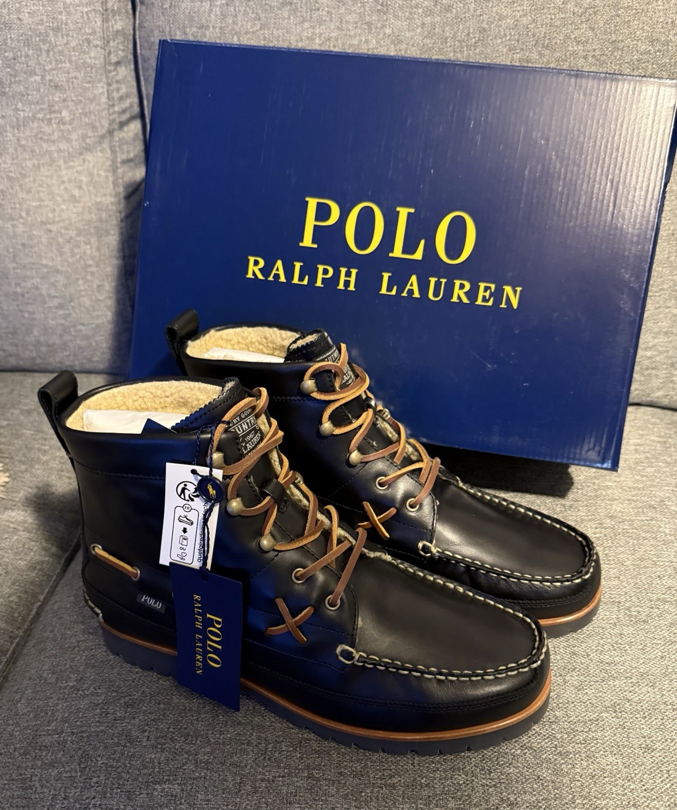 Polo Ralph Lauren Ranger Mid Men's Leather Faux-Shearling Boots Black 10.5D