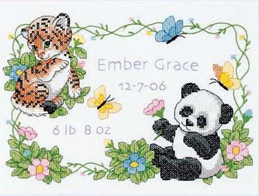 Dimensions Stamped Cross Stitch Kit Baby Animals Birth Record Personalized Baby