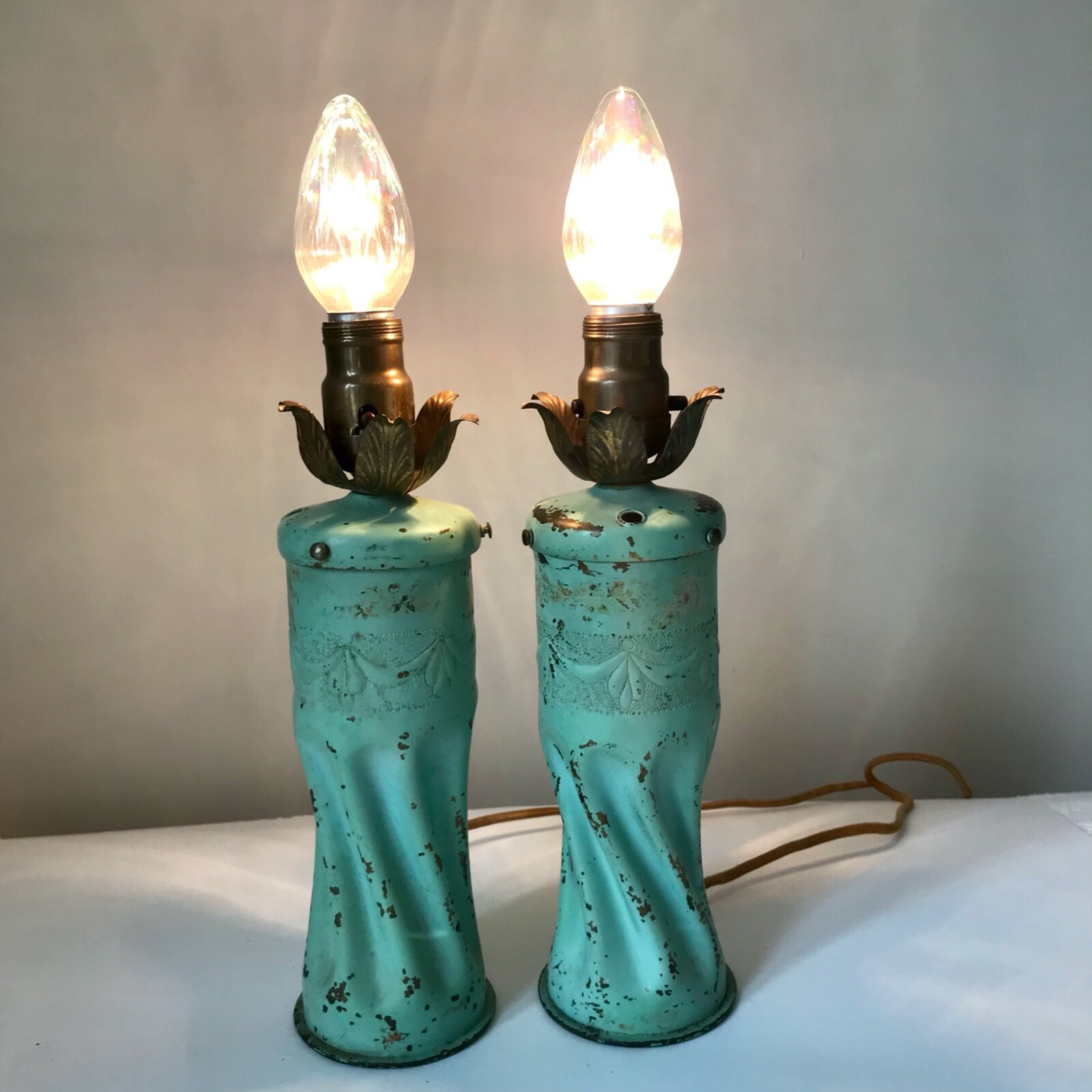 Antique WW1 Trench Art Lamps Pair Torch Style, Boudoir Lamps Pair