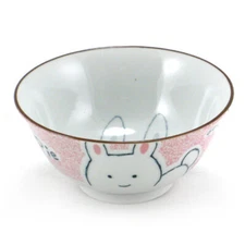 Japanese Donburi Rice Soup Bowl 5.75"D Porcelain Pink Bunny Rabbit Made in Japan