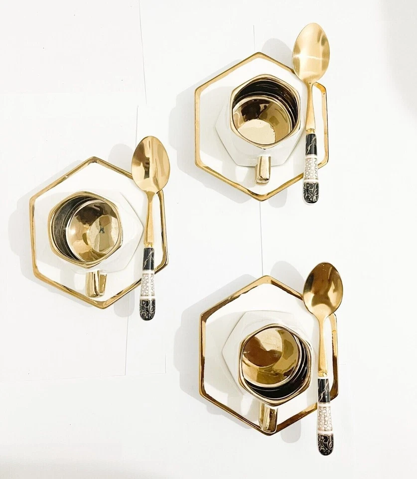 9 tazas y platillos de café y cucharadita de porcelana de oro blanco árabe turco griego Foto 4 de 4