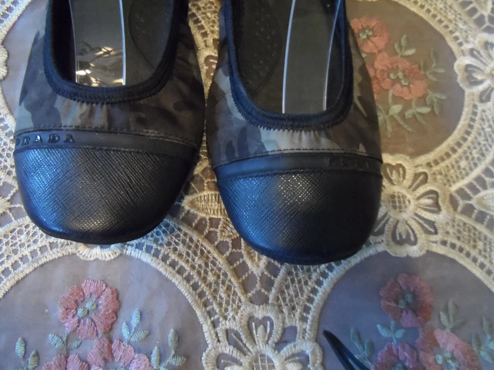 Prada Sport Verde/Negro Camuflaje Estampado Elástico Lona/Cuero Ballet Pisos Talla 7 Foto 4 de 4