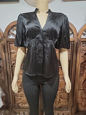 Bcbgmaxazria Empire Waist XS Black Satin Women's Top Blouse Balloon Sleeves #W5