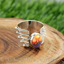 Kingman Pink Dahlia Turquoise 925 Sterling Silver Handmade Ring for Women