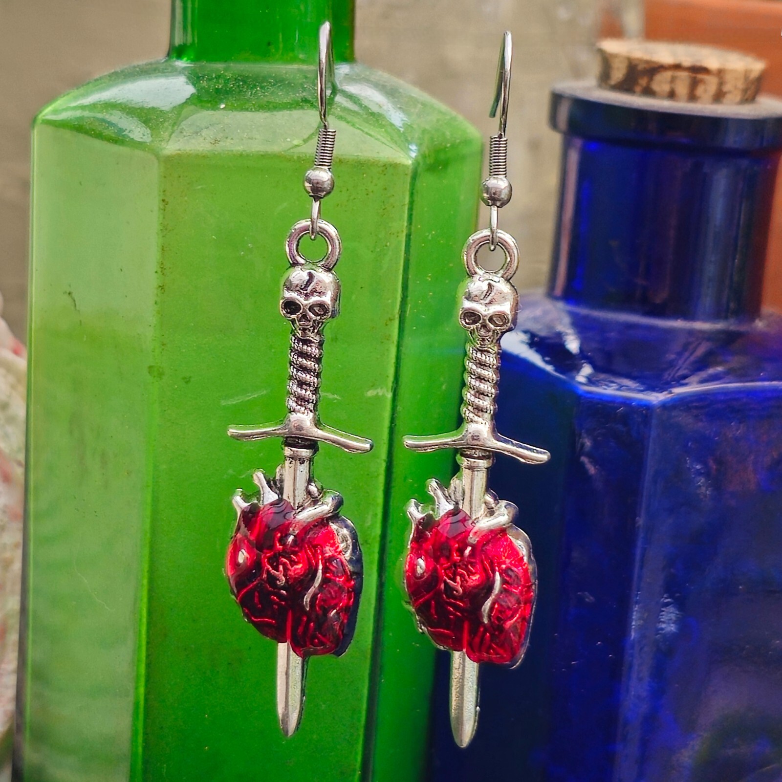 Heart Sword Earrings Skull Gothic Realistic Red Heart Drop Dangle Hook Jewellery