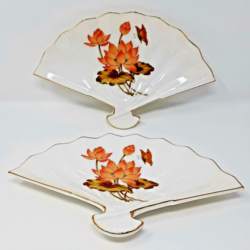 Ceramic Fan shaped Trinket Tray Set of 2 Japan Peach Lotus Blossoms Butterfly