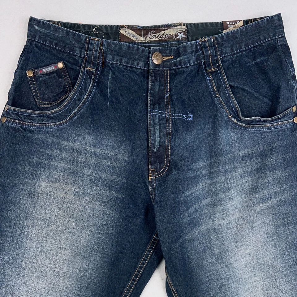 Pantalones de mezclilla Raider para hombre 36x32 azul oscuro calle urbano holgados patinador hip hop Y2K Foto 2 de 4
