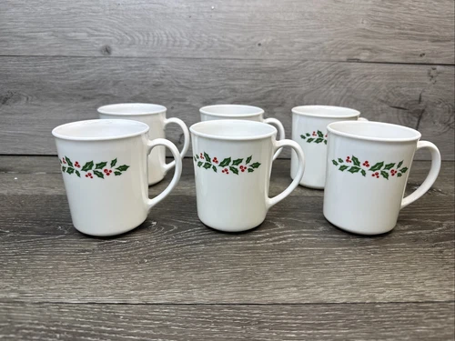Corelle Mugs Christmas Winter Holly Days Milk Glass Cups 8oz ~set of 6
