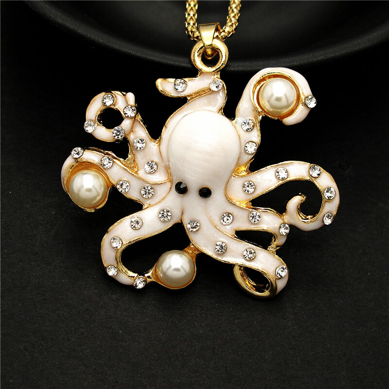 Fashion Women Charm White Enamel Pearl Octopus Crystal Pendant Chain  Necklace