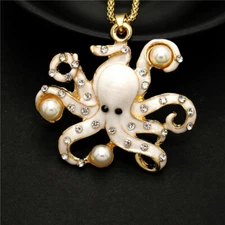 Fashion Women  Charm White Enamel Pearl Octopus Crystal Pendant Chain Necklace
