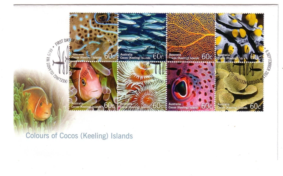 2011 FDC set of 3. Cocos (Keeling) Islands Colours. "Fish" Pictorial PMK — 第 3/3 张图片