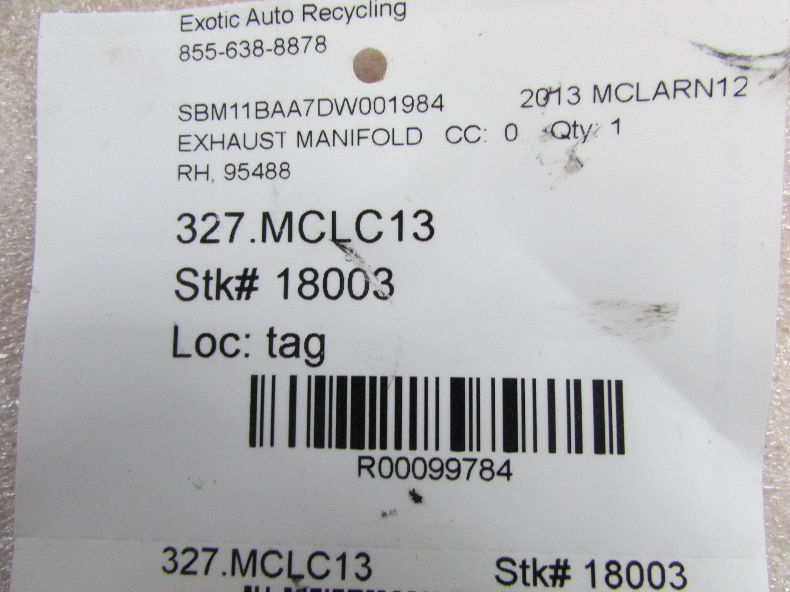 McLaren MP4-12C, RH, Right Exhaust Manifold, Used, P/N 95488