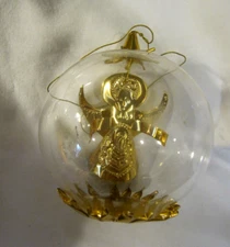 VTG 10" RESL LENZ CLEAR GLASS ORNAMENT GOLD FOIL CHRISTMAS ANGEL DIORAMA INSIDE