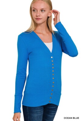 Women's Soft Snap Button Front V-Neck Long Sleeve Knit Cardigan Sweater S-3X