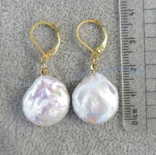 Huge 18-20mm Natural White Freshwater Coin Pearl Dangle Earrings 14k Leverback