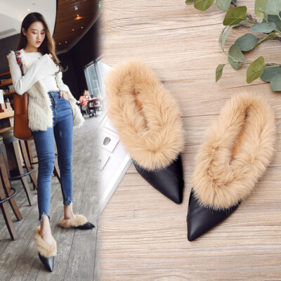 Womens Mule Slippers Leather Faux Fur Lined Low Heel Pointed Toe