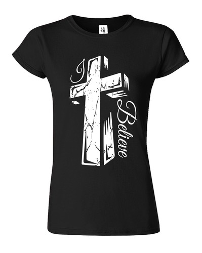 Jesus Cross Christian Believe Women's T Shirt Religious Faith Bible Gift Tee - Picture 4 of 11