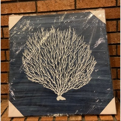 Navy Blue Abstract White Tree Coral Wall Canvas Hand Painted 20''x20''