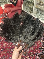 Antique Victorian Feather Fan Tortoiseshell Look Guards Black Plumes