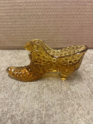 Vintage Fenton Hobnail Orange Amber Glass Shoe with Cat Head Art Glass Slipper