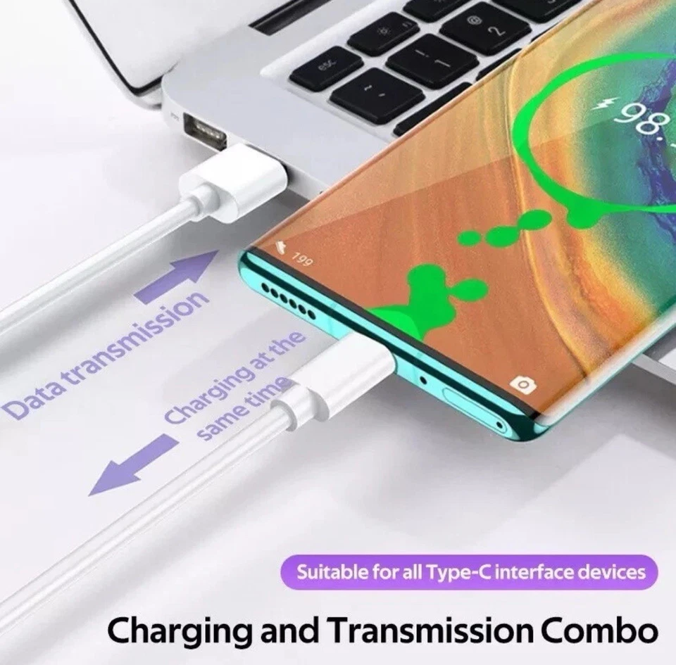 Cable USB-C a USB-A Carga Rápida y Datos 3FT Blanco para Samsung Galaxy S10 S20 Foto 3 de 4