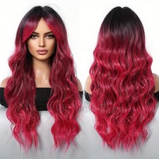 Vibrant Ombre Black Red Long Wavy Wig Synthetic Hair Wig Cosplay Party Fashion