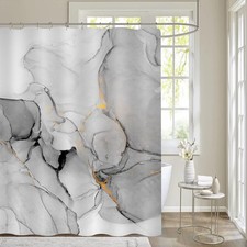 Grey Marble Shower Curtain Set Abstract Silver Gold Stripes Fabric Modern Ink
