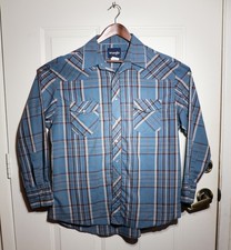 Wrangler Mens Pearl Snap Large Shirt 17x35 Long Sleeve Blue Plaid Vintage XL 