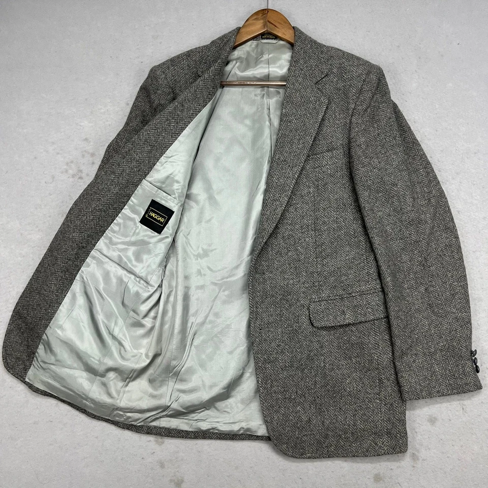 Винтажный Haggar 38R Herringbone твид шерсти блейзер куртка серый кожаный 2 кнопки - Изображение 3 из 4