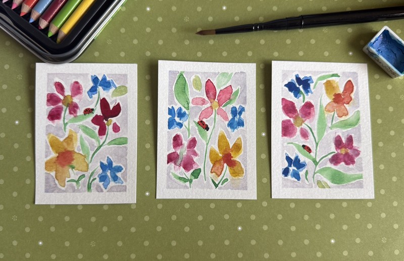 Original Handmade Signed ACEO Watercolor ladybug  flowers OOAK Tiny artwork 