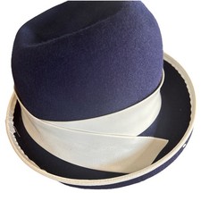 Henry Pollak New York Women's Vintage 100 Wool Glenover Hat Leather Navy Blue