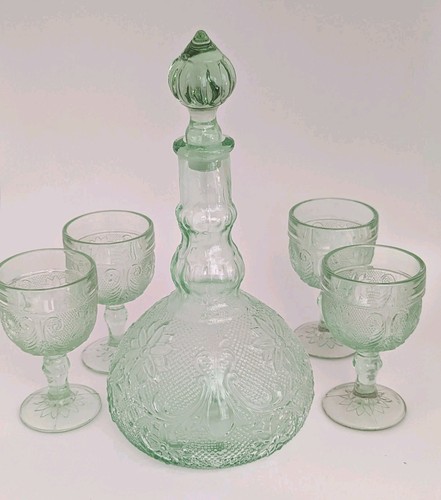Vtg Indiana Glass Co Tiara Chantilly Green Sandwich Glass Wine Decanter 5pc Set - Picture 1 of 24