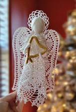 11.5" Vintage Crochet Lace Angel w Harp | 3D Crochet Figurine | Holiday Decor