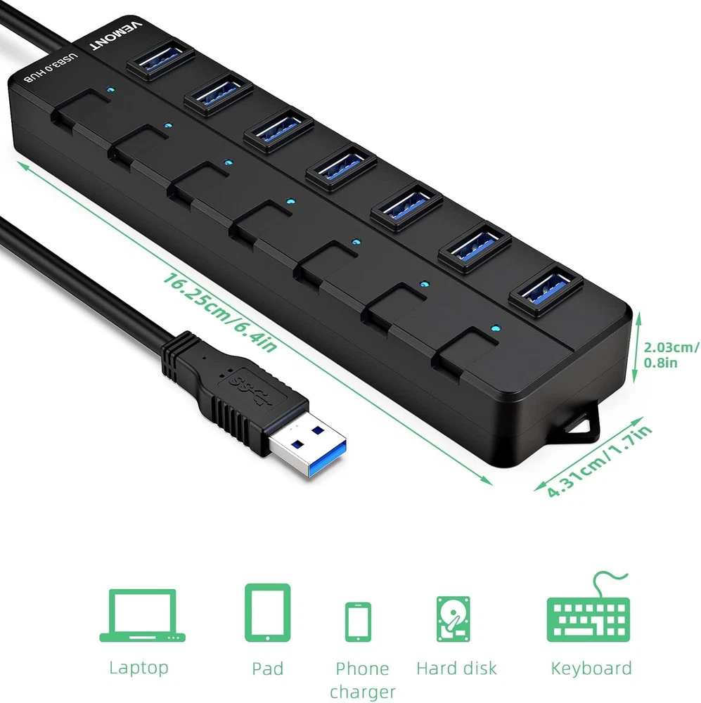 7-Port USB 3.0 Hub with Individual Switches - Black by VEMONT