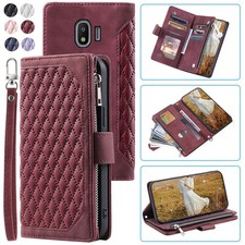 Funda tipo billetera romboidal de lujo Samsung J2 Core, funda de teléfono con cremallera de cuero para tarjeta abatible