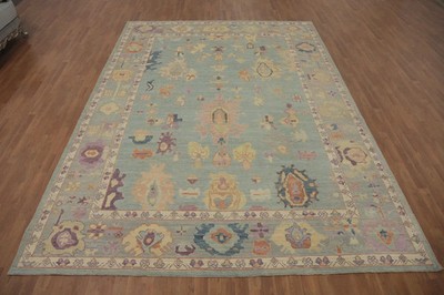 Hand Knotted Oushak Rug Sky Blue Pastel Turkish Wool Area Rug Vintage