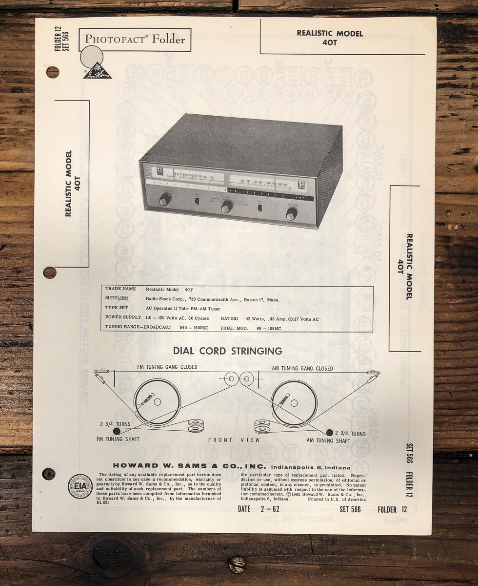 Realistic Model 40T Tuner Sams Photofact Manual *Original*