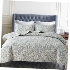 Bluish Grey Botanical Quilt Set California King 112" x 104" Beige Botanical