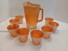 Jeannette Vintage Marigold Tree Bark Carnival Glass Pitcher and 8 Small Tumblers
