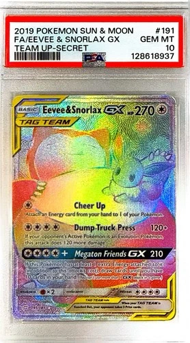 Pokémon Eevee & Snorlax GX 191/181 Sun & Moon Team Up Secret Rare PSA 10 Holo